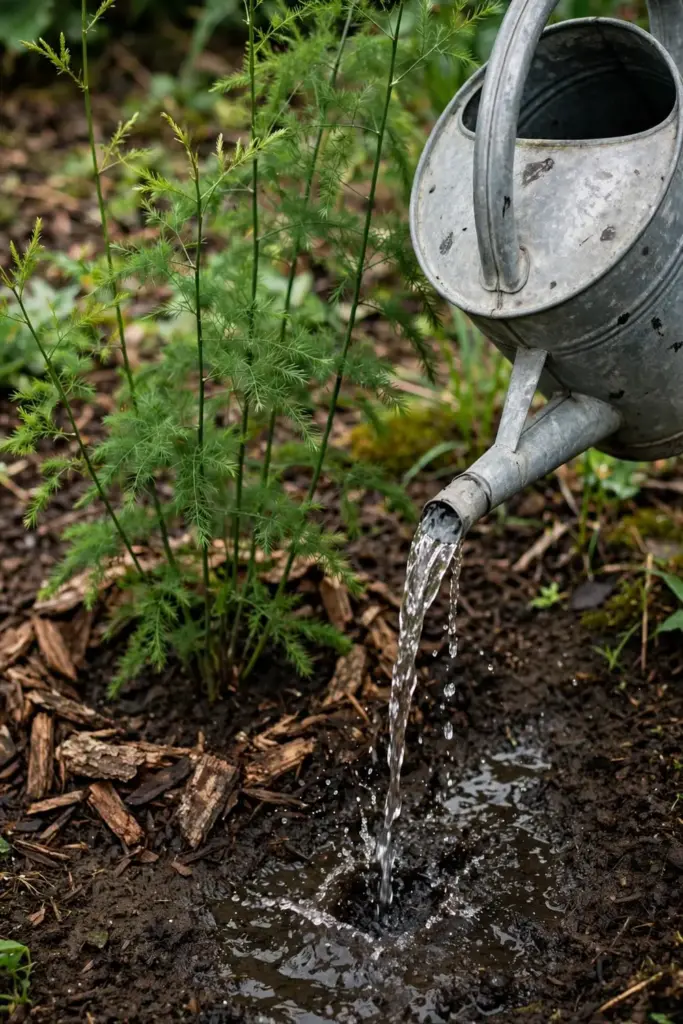 Watering can delivering water at the base of a shatavari plant