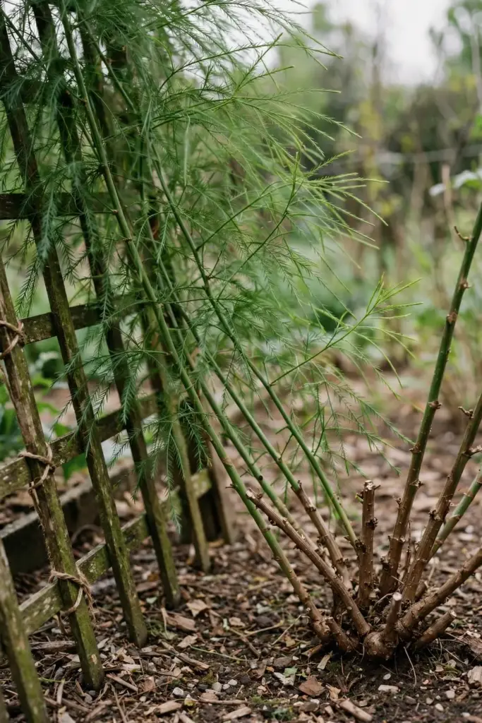 Whole shatavari plant climbing a trellis in a mulched garden bed