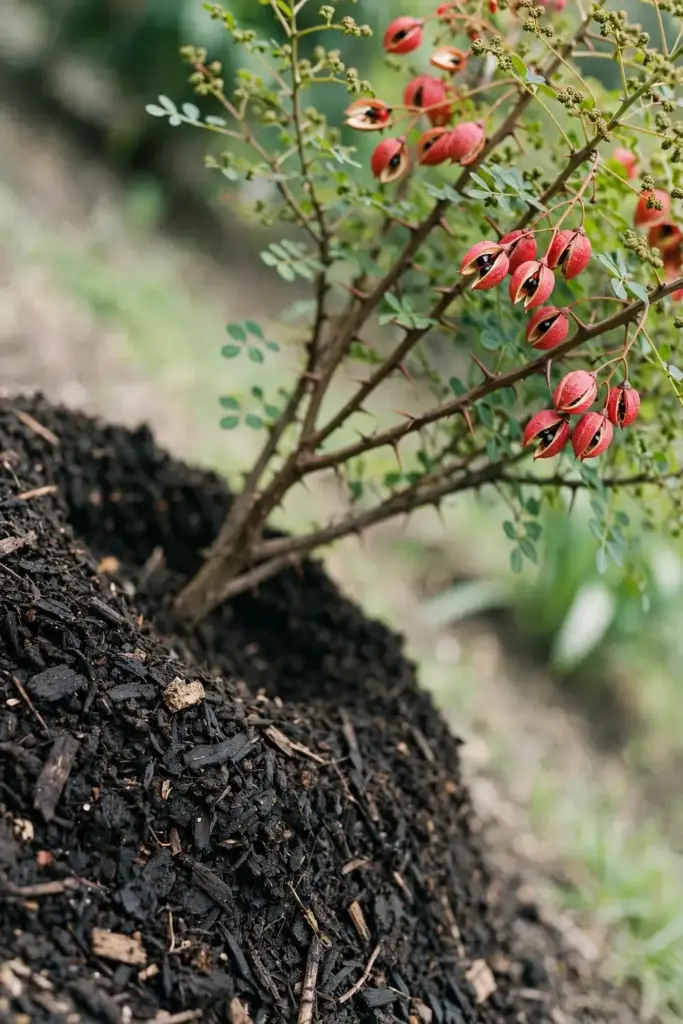 Compost top-dressing spread around a fruiting Sichuan pepper shrub