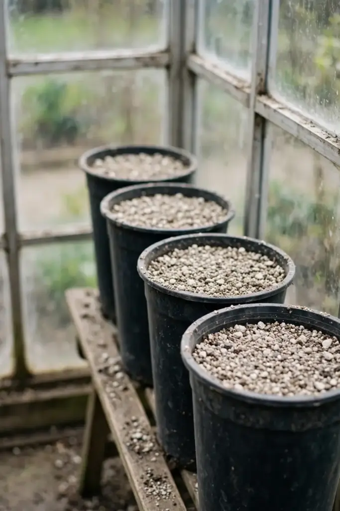 Deep pots of gritty mix with sown Sichuan pepper seeds on a cold frame bench