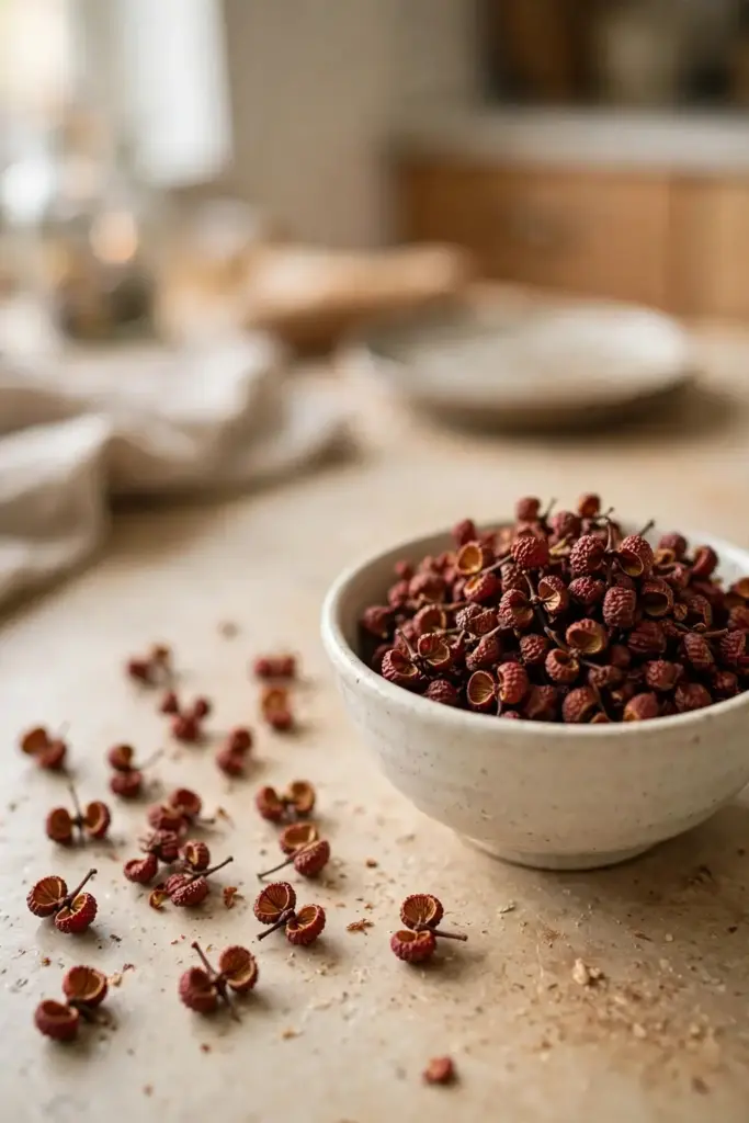 Dried Sichuan pepper husks in a small bowl on a kitchen counter
