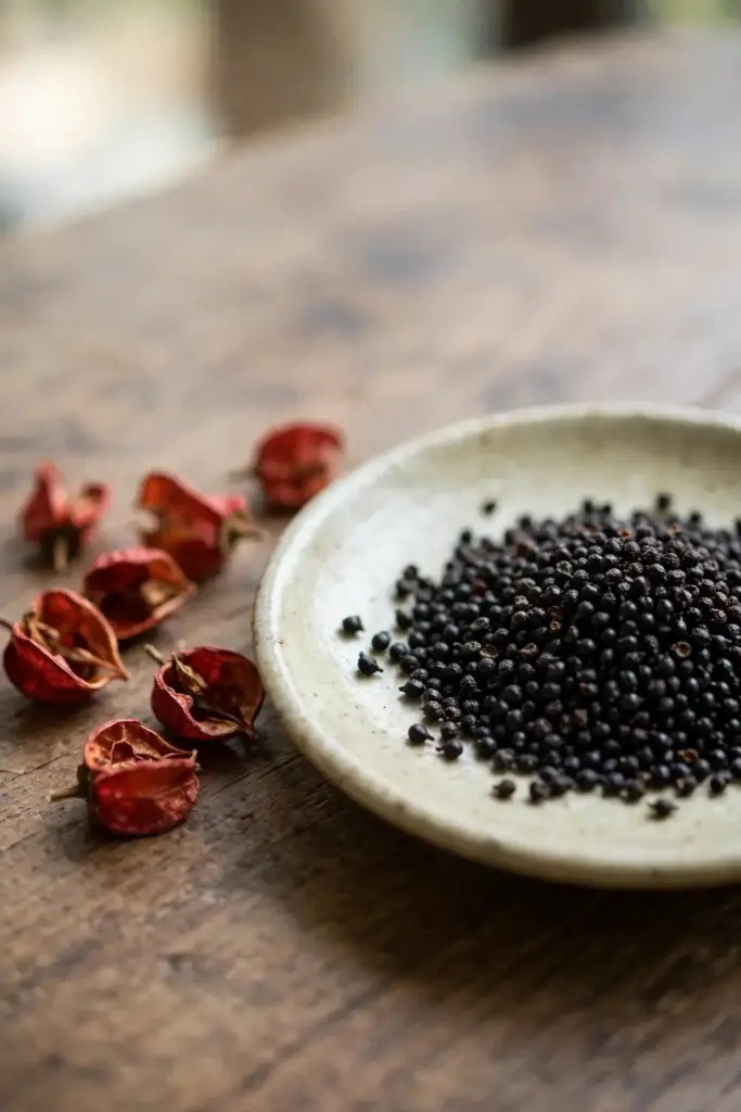 Black Sichuan pepper seeds in a small dish beside dried red husks