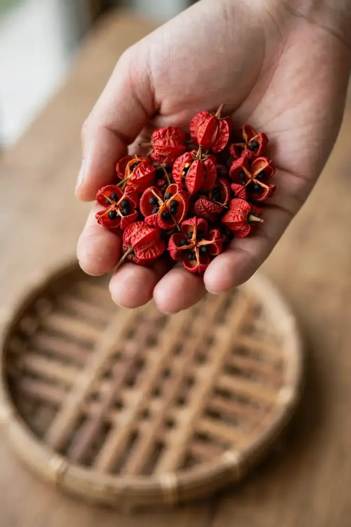 Hand holding a cluster of bright red Sichuan pepper husks above a drying tray
