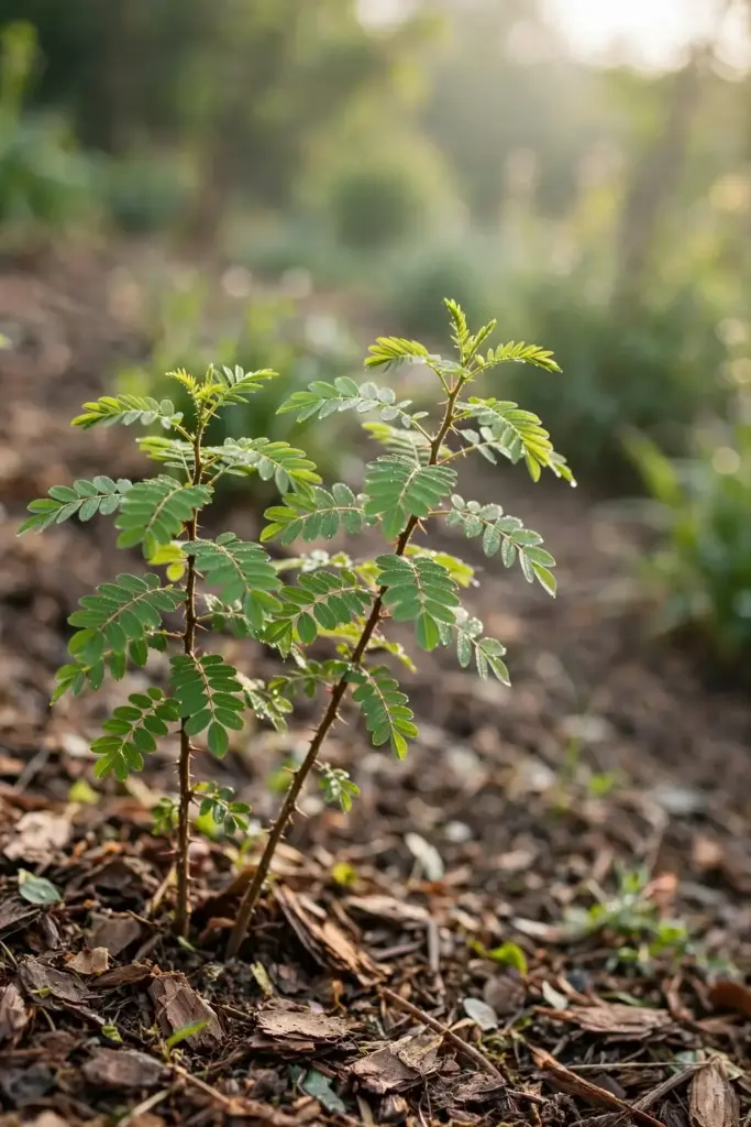 Two young Sichuan pepper saplings planted side by side in a garden bed