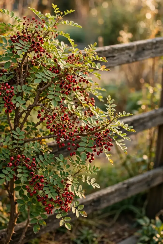 Mature Sichuan pepper shrub with red husks against a garden fence
