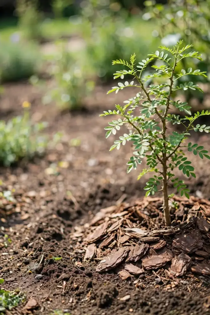 Newly planted Sichuan pepper sapling with bark mulch in a sunny garden