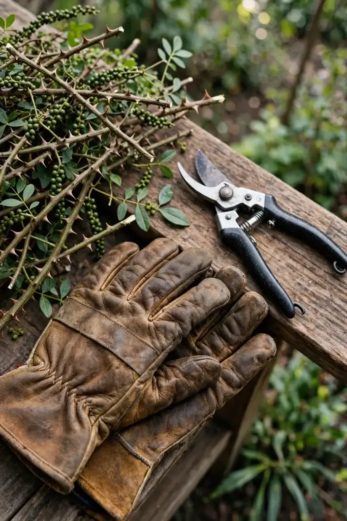 Thick leather gloves and pruning shears beside thorny Sichuan pepper branches