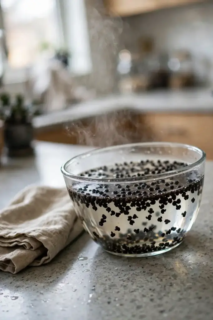Sichuan pepper seeds soaking in hot water in a glass bowl