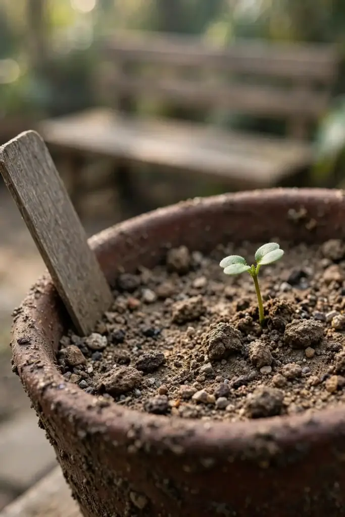 Sichuan pepper seedling emerging from gritty mix in a deep pot