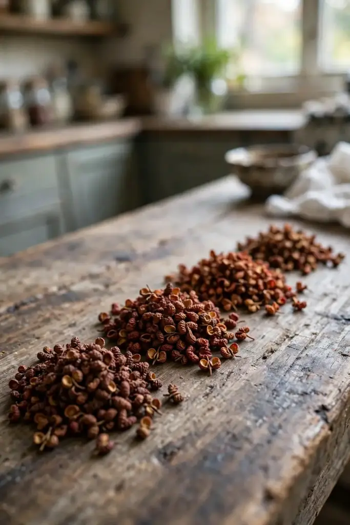 Four small piles of Sichuan pepper husks from different species on a wooden table