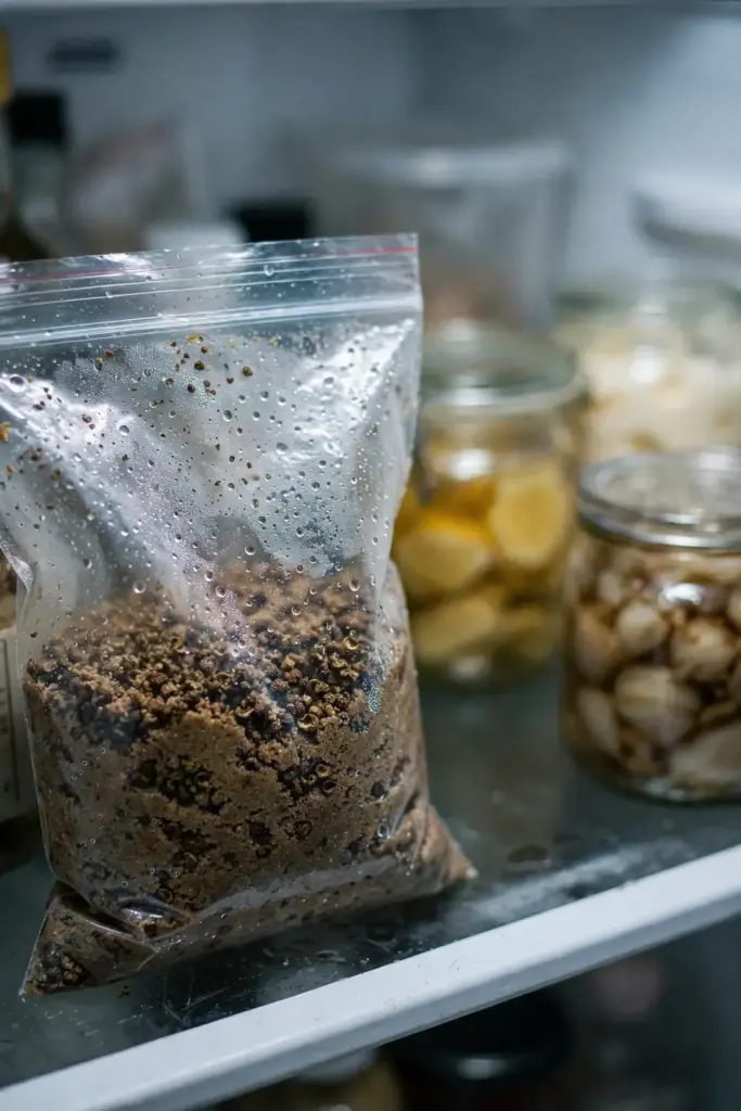 Sealed bag of Sichuan pepper seeds in damp sand inside a refrigerator