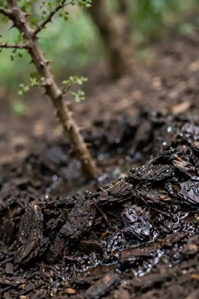 Water soaking into bark mulch around a young Sichuan pepper tree