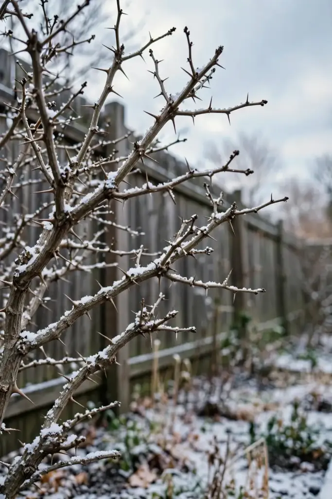 Sichuan pepper shrub in a temperate garden with light snow on branches