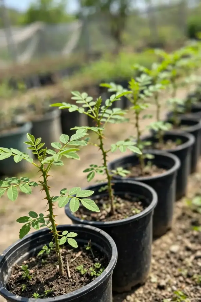 Young Sichuan pepper seedlings with thorny stems in full sun