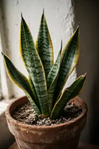 Snake plant 'Laurentii' with yellow-edged sword leaves in a terracotta pot
