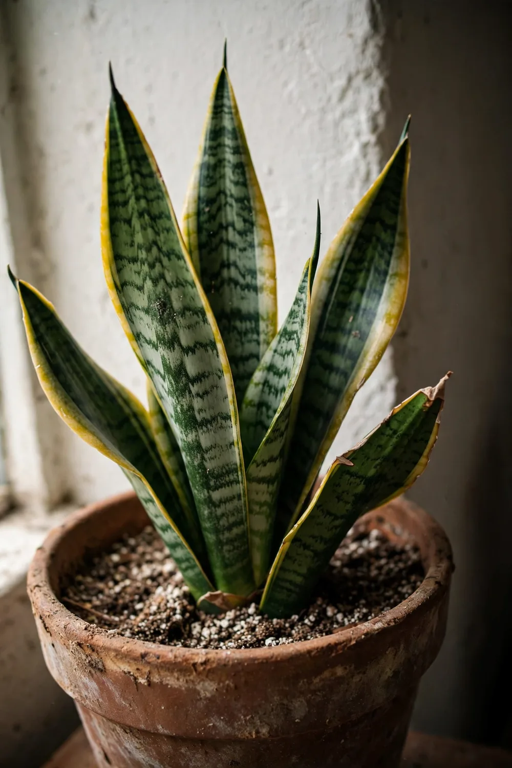 Snake plant 'Laurentii' with yellow-edged sword leaves in a terracotta pot