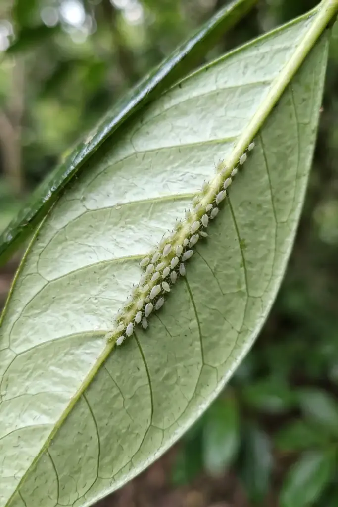 Aphids clustered on the underside of a glossy star anise leaf