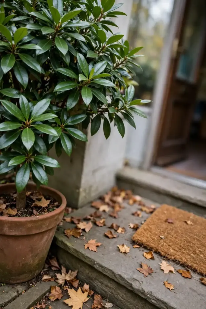 Potted star anise tree beside a house doorway ready to move indoors for winter