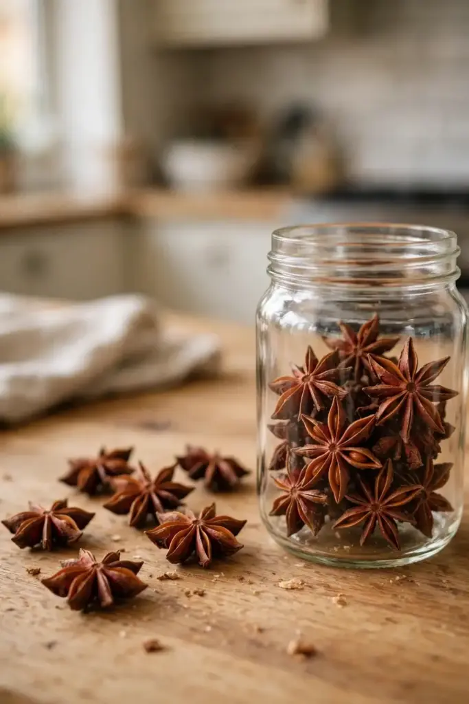 Dried reddish-brown star anise pods in an open glass jar on a kitchen counter