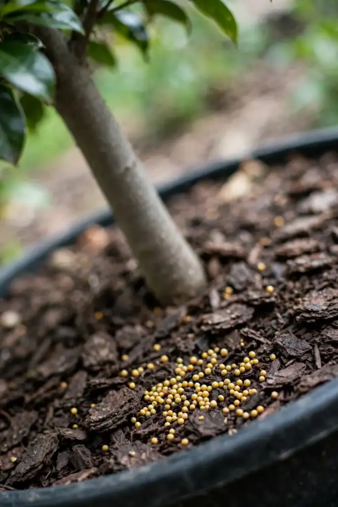 Slow-release fertilizer granules scattered on bark mulch around a potted tree