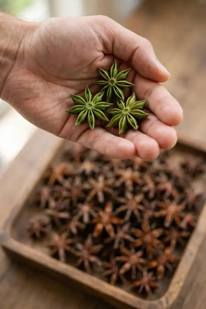 Hand holding fresh green star anise pods above a wooden drying tray