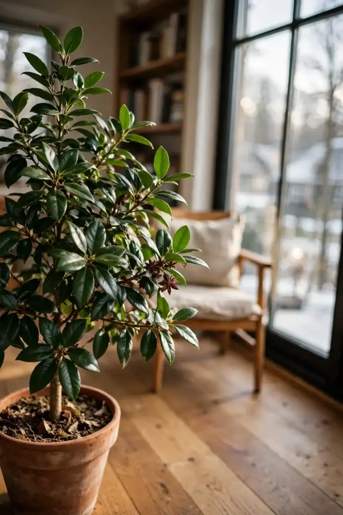 Potted star anise tree overwintering in a bright indoor room by a large window
