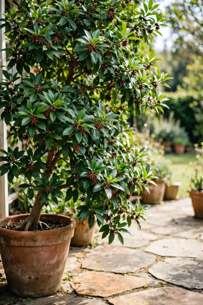 Mature star anise tree in a large pot on a patio with ripening pods