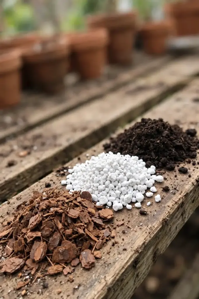 Close view of acidic potting mix with pine bark perlite and compost