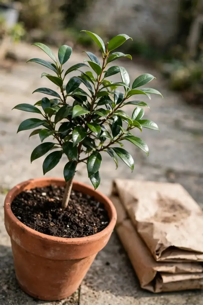 Young star anise tree newly potted in a 30 cm terracotta container