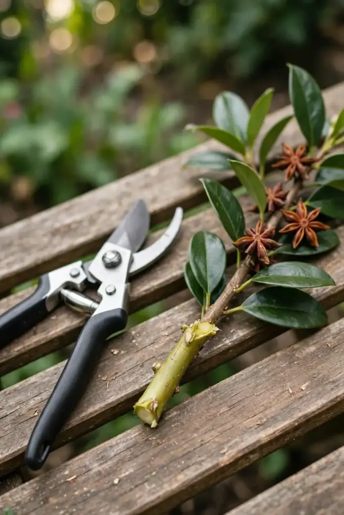 Pruning shears resting beside a freshly cut star anise branch with glossy leaves