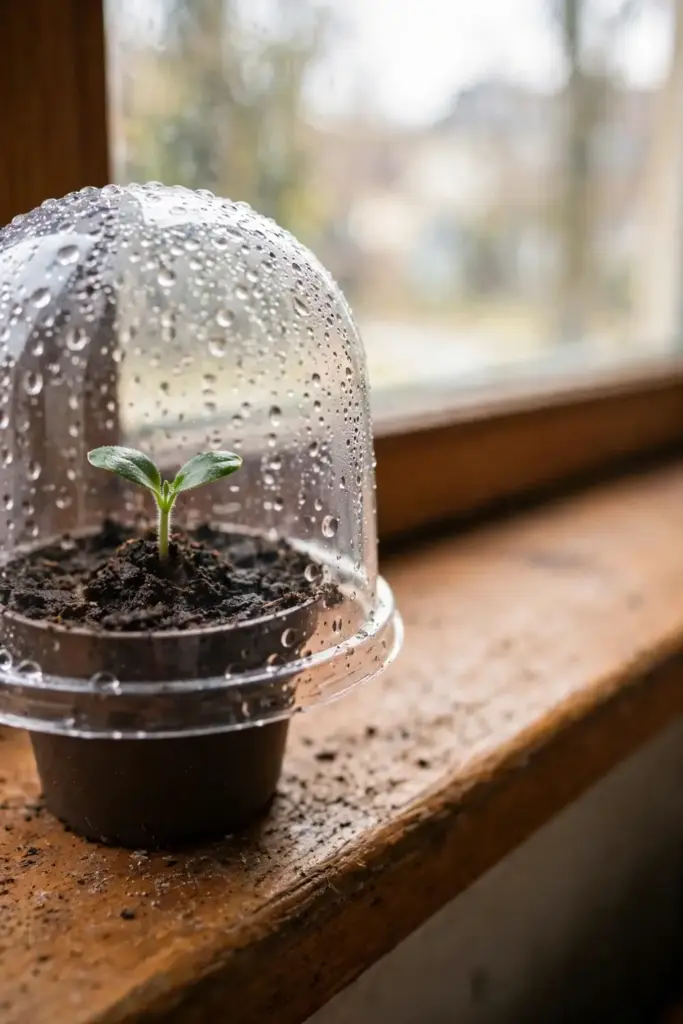 Star anise seedling sprouting under a clear humidity dome with condensation