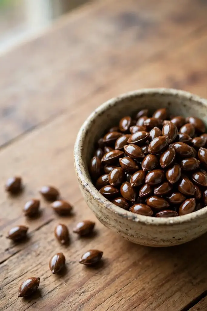 Star anise seeds in a small ceramic bowl on a wooden table