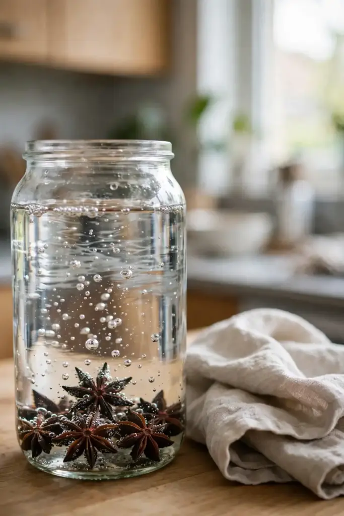 Glass jar of water with star anise seeds soaking inside