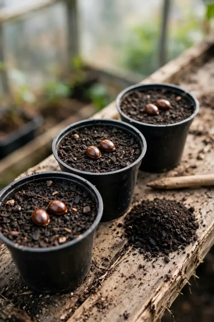 Small pots of seed mix with star anise seeds resting on the surface before covering