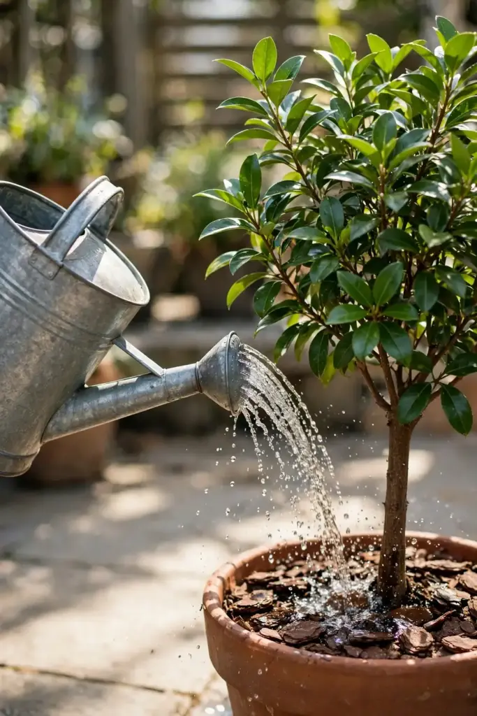 Metal watering can pouring water onto a potted star anise tree