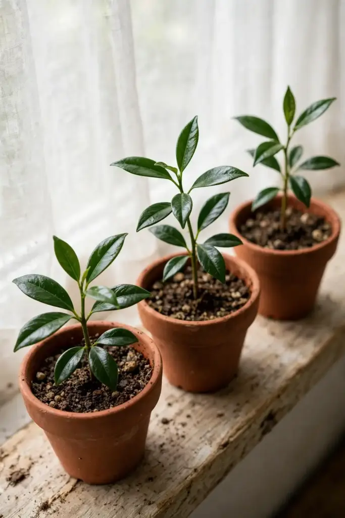 Young star anise seedlings in small pots on a bright windowsill