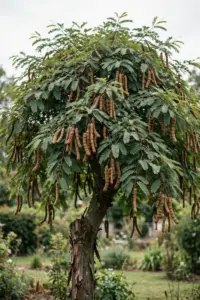 Mature tamarind tree with dense feathery crown and hanging brown pods