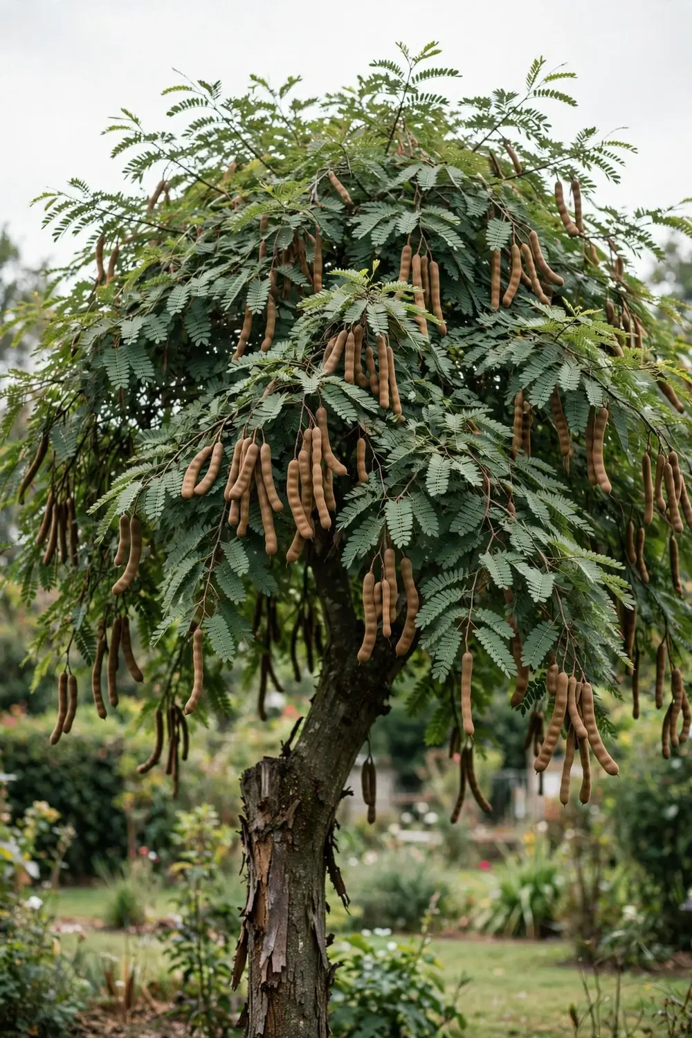 Mature tamarind tree with dense feathery crown and hanging brown pods