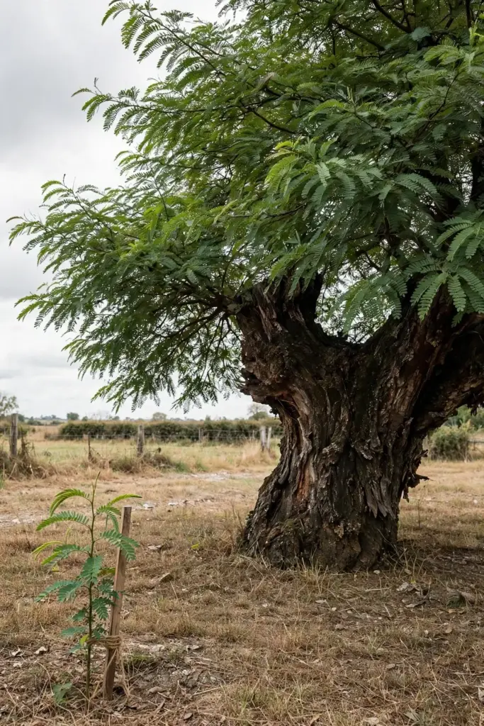 Old tamarind tree with thick trunk beside a young sapling for scale