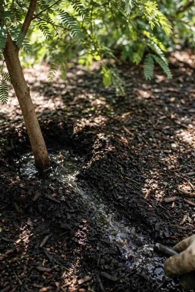 Watering a young tamarind tree deeply at the base in the ground