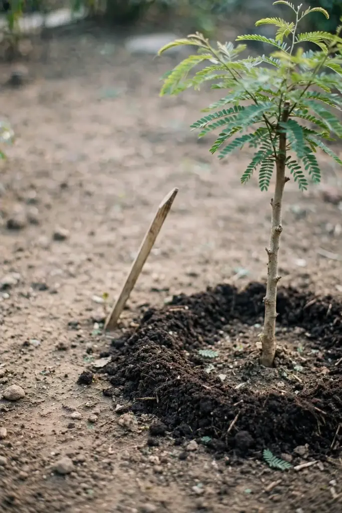Compost ring spread around the drip line of a young tamarind tree