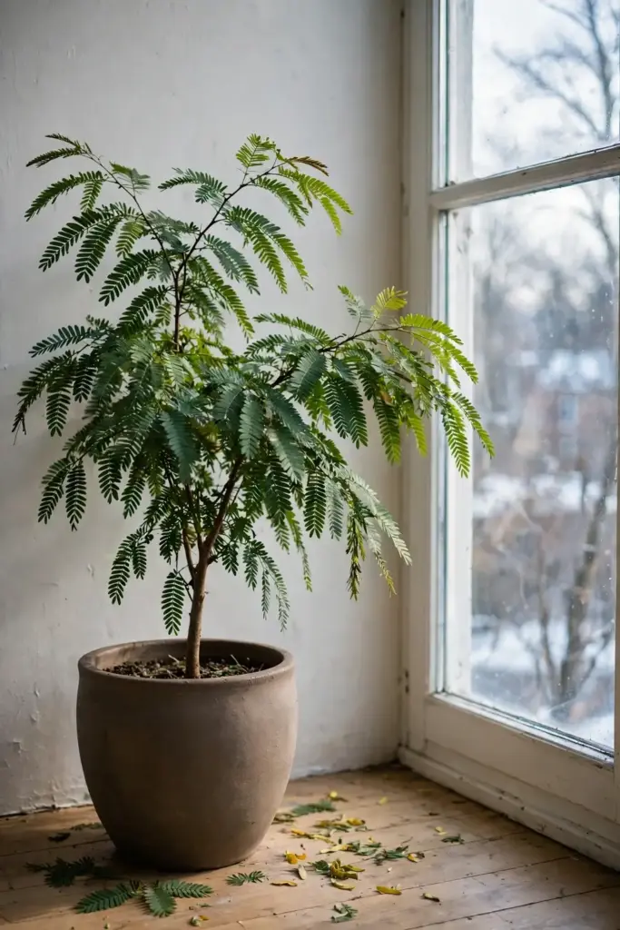 Potted tamarind tree moved indoors near a bright window for winter