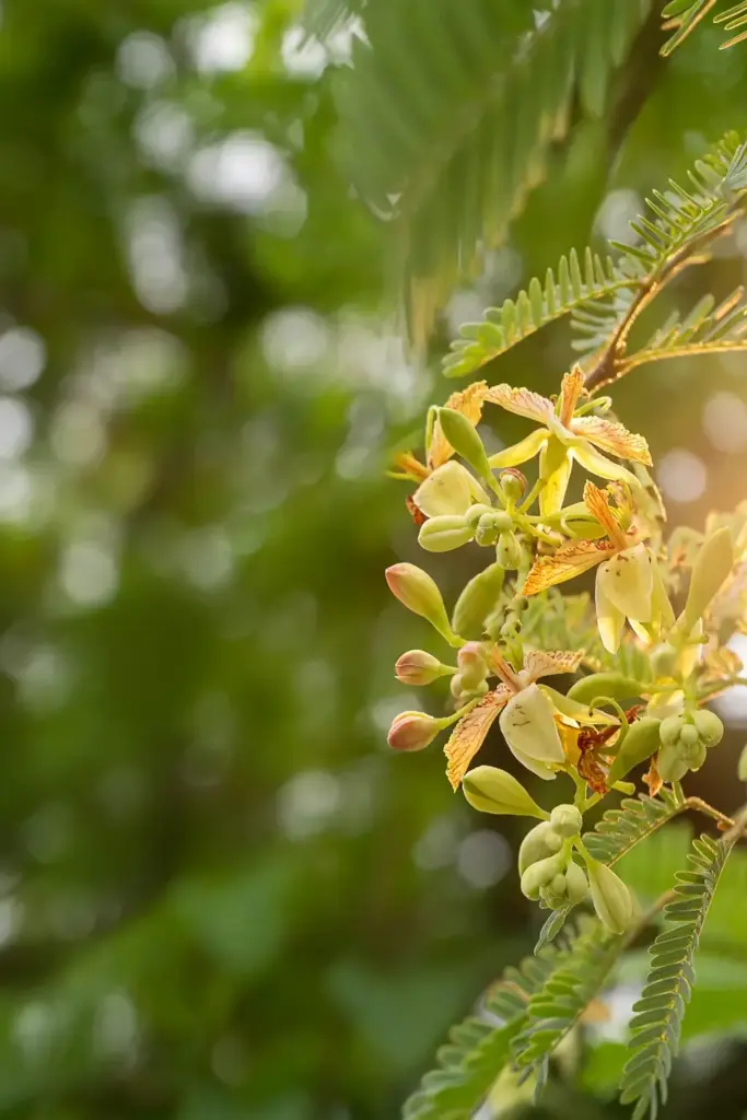 Pale yellow tamarind flowers with red-brown veining on the branch