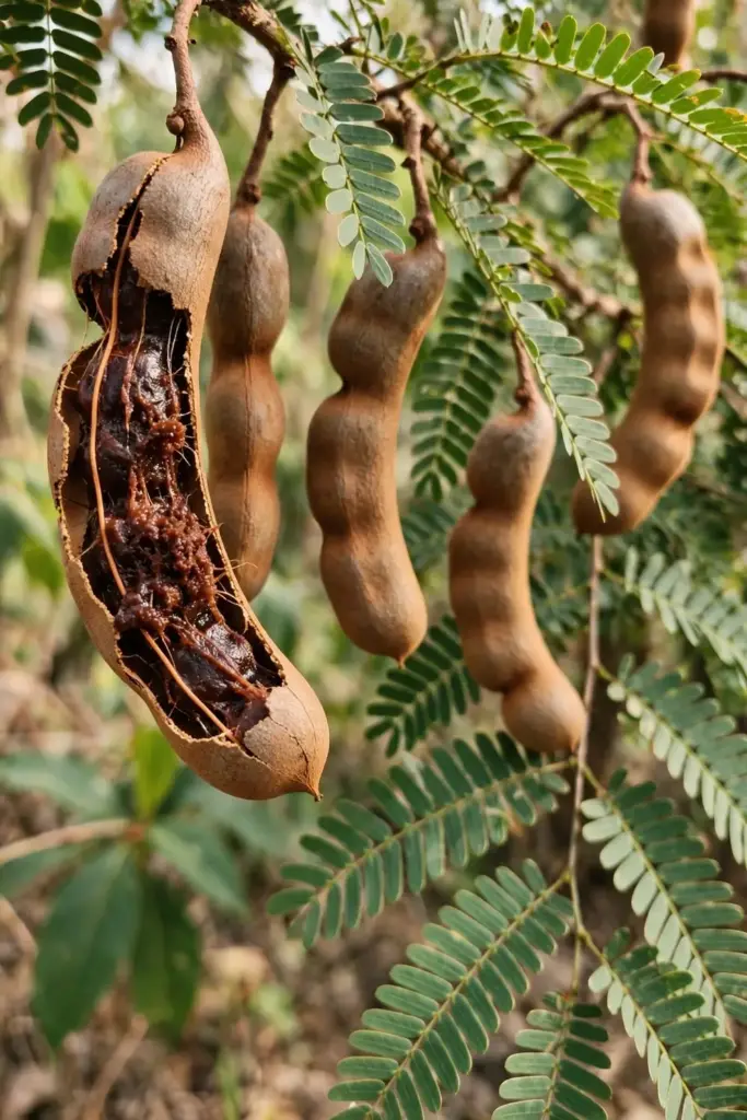 Ripe brown tamarind pods hanging on the branch ready for harvest