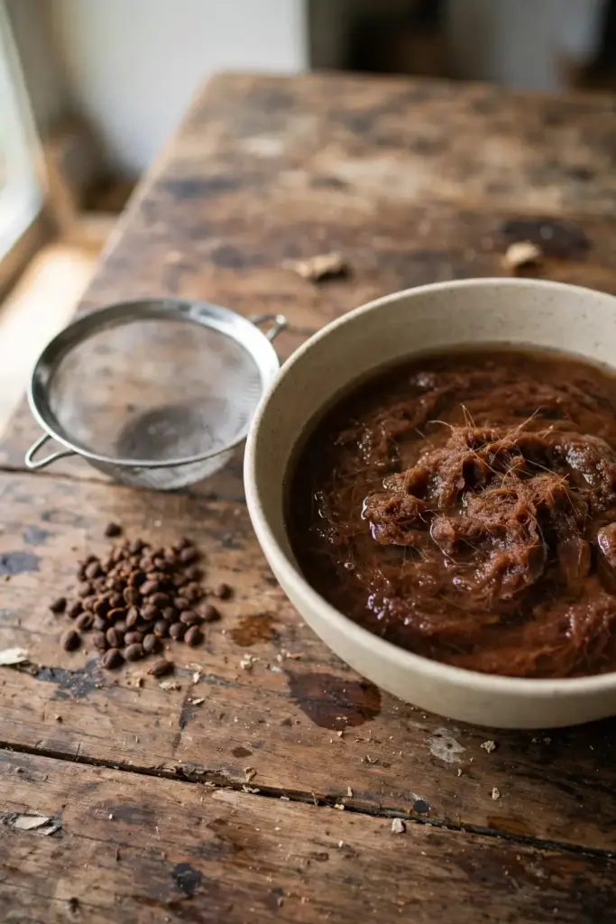 Tamarind pulp soaking in warm water in a bowl with a strainer beside it