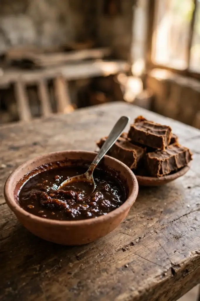 Bowl of dark tamarind chutney with a spoon on a rustic table