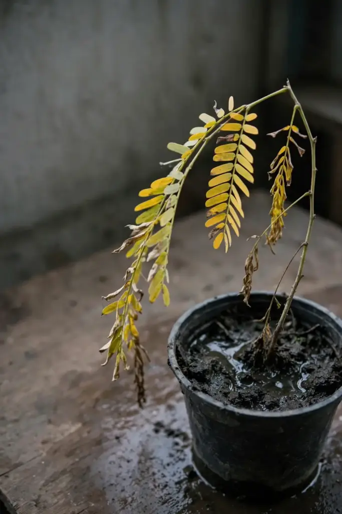 Struggling tamarind seedling in a small waterlogged pot with yellow leaves