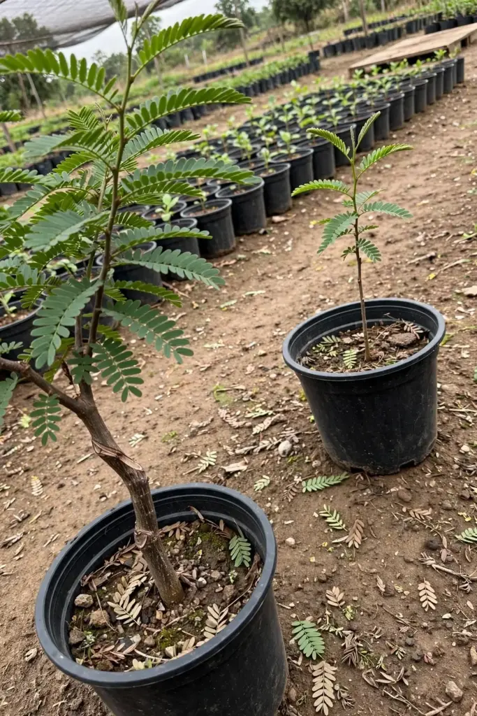 Grafted tamarind tree with visible graft union next to a seedling