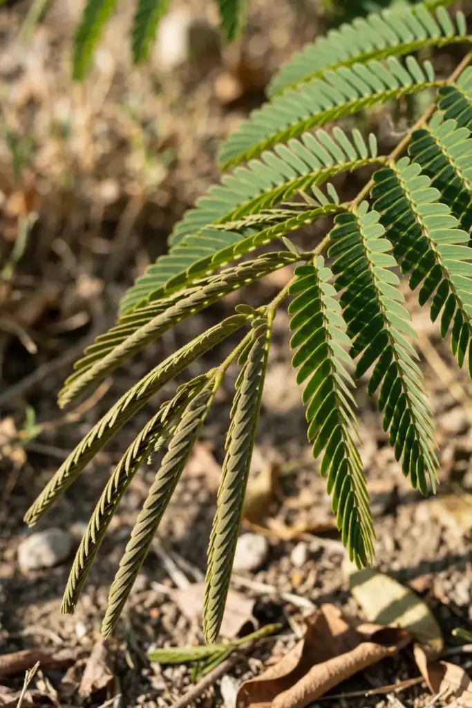 Tamarind leaflets folding shut in afternoon heat, a normal response