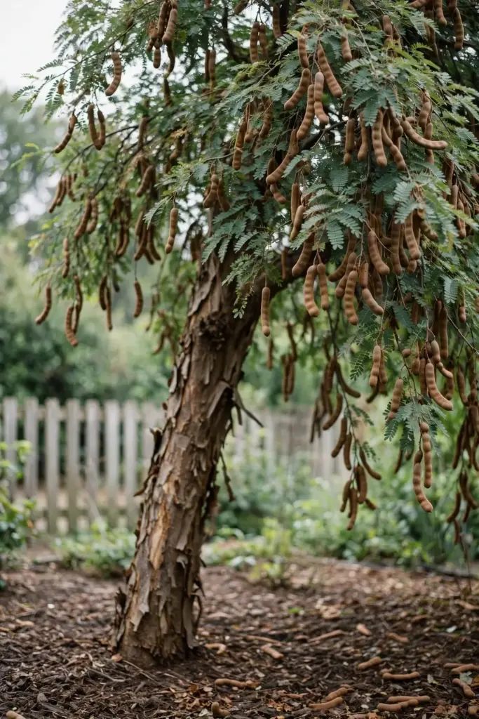 Mature tamarind tree heavy with pods in a home garden